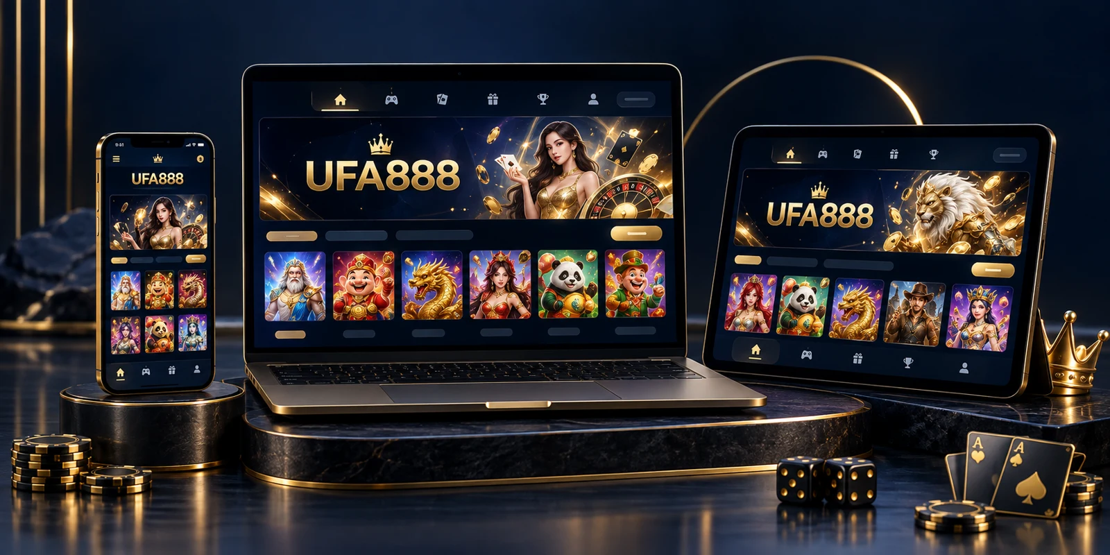ภาพ UFA888 โทนน้ำเงินทองบนมือถือ แท็บเล็ต และคอมพิวเตอร์